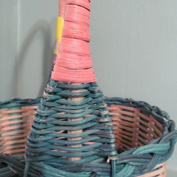 Vintage NWT 80s Dudley's Basket ~ Rattan Woven Wicker w/ Handle ~ Green & Pink - Picture 5 of 14